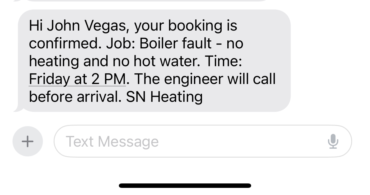 Real SMS booking confirmation sent automatically by Emma AI receptionist